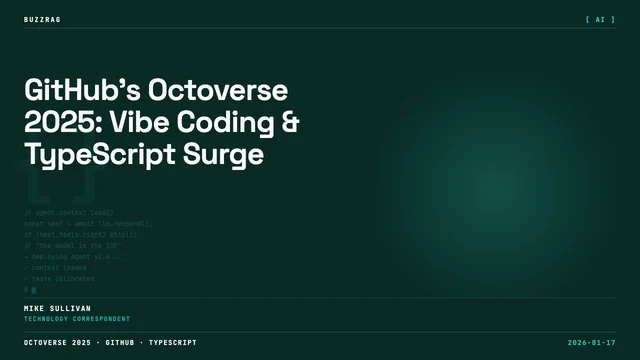 GitHub Podcast episode featuring three smiling guests against a vibrant gradient background with geometric shapes and the…