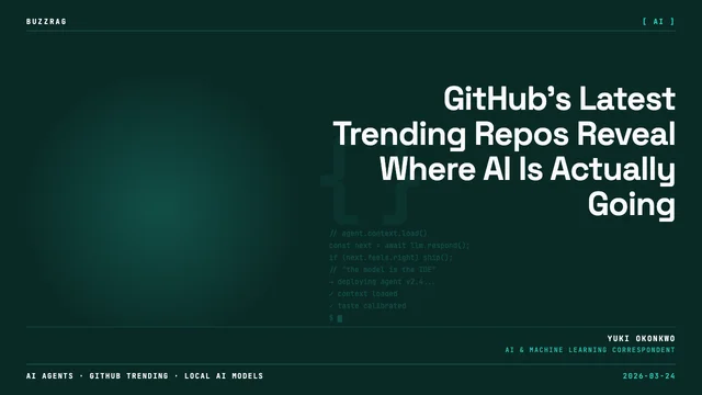 Developer with headphones at dual monitors displaying code and analytics in neon-lit workspace, showcasing trending open…