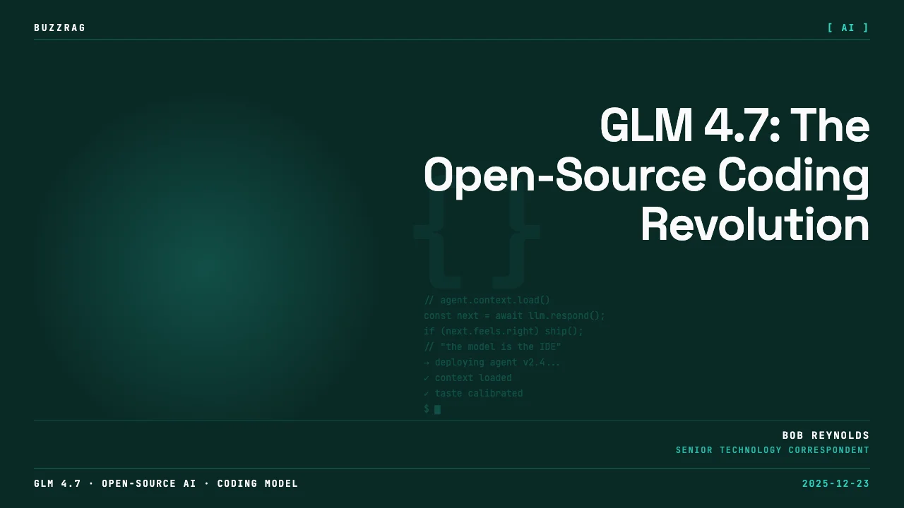 Z.AI's GLM-4.7 logo displayed in glowing white text with purple digital wave effects and a verified checkmark badge on dark…