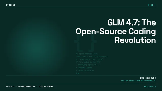 Z.AI's GLM-4.7 logo displayed in glowing white text with purple digital wave effects and a verified checkmark badge on dark…