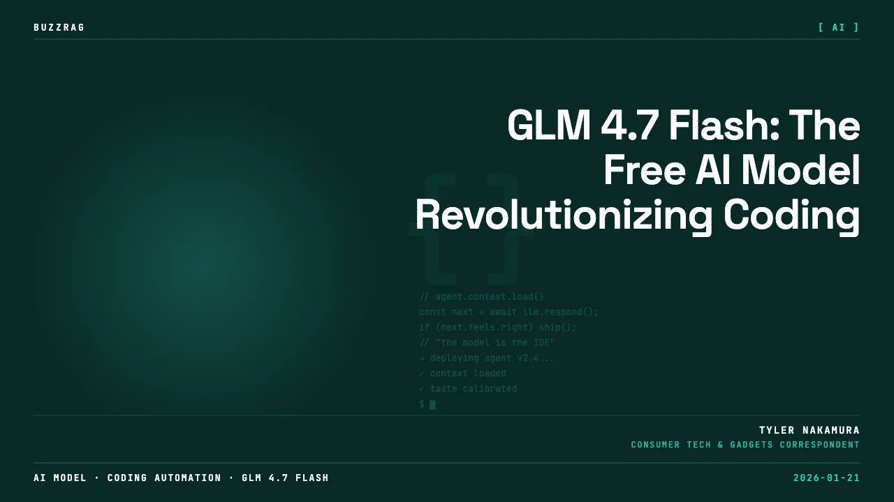 Red badge with Chinese flag, white lightning bolt, cursor icon, and "GLM 4.7 Flash" text announcing a software update