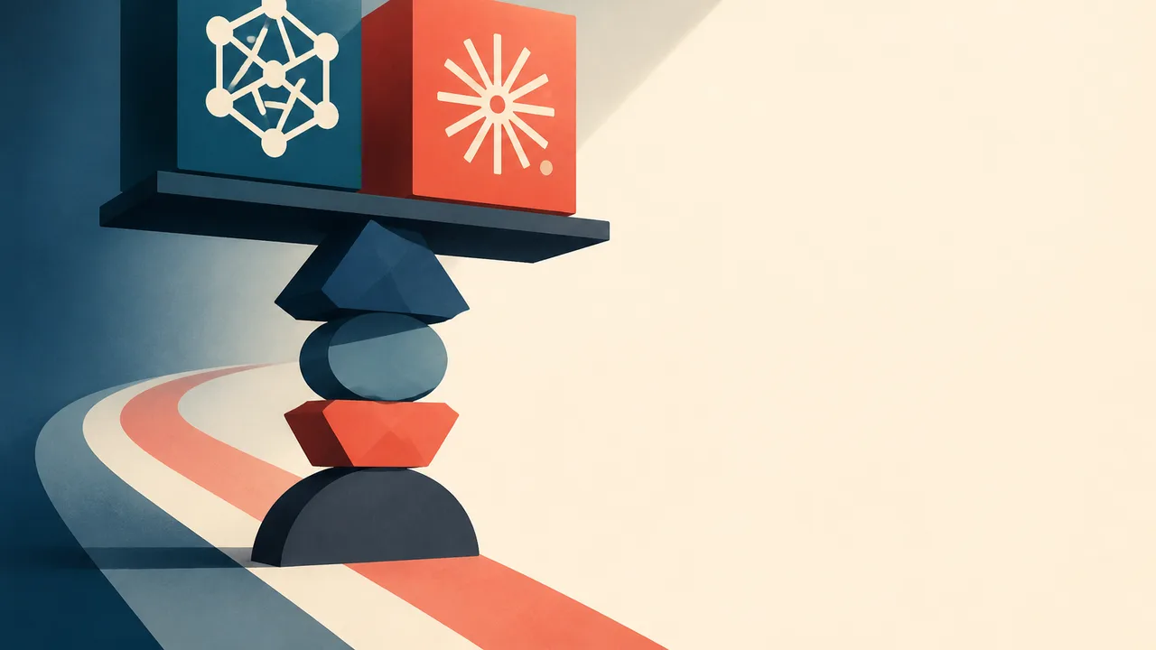Three app logos (GLM, Z, Minimax) above a silhouetted person at a desk facing three monitors overlooking a blue cityscape,…
