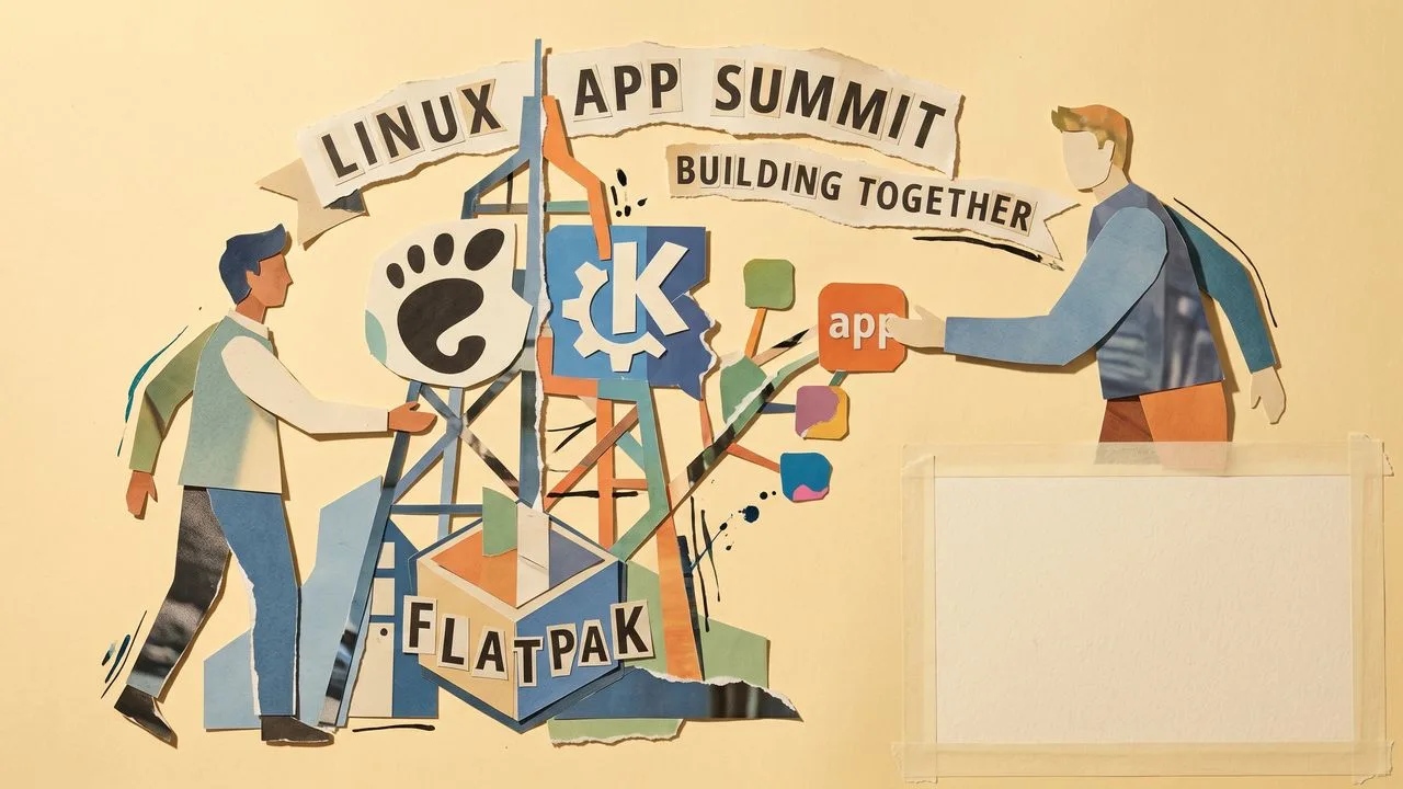 Three men in a video call setup with "LINUX APP SUMMIT" text overlay on red background banner