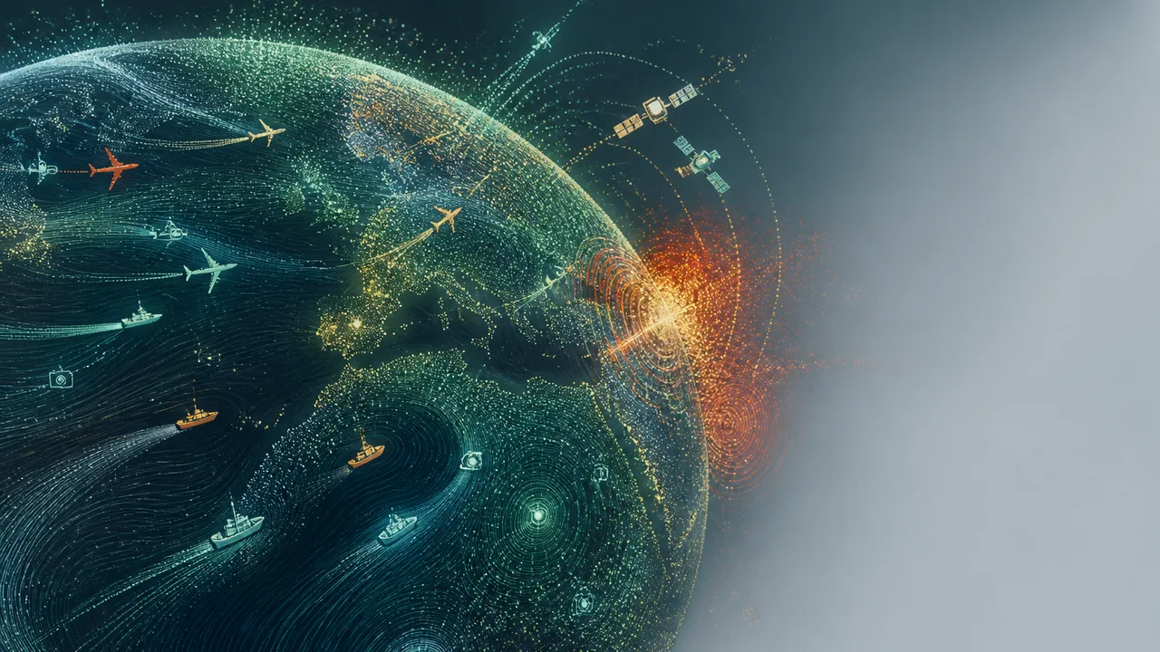 Two bearded men flank a glowing Earth covered with flight-tracking markers beneath “GOD’S EYE VIEW”
