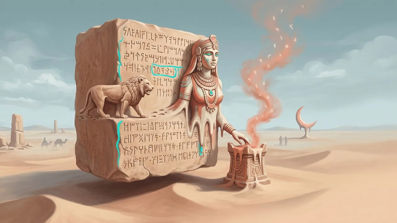 Ancient stone deity statue in desert landscape with golden sunlight and rocky formations, titled "Pre-Islamic Gods