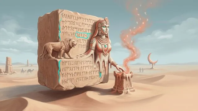Ancient stone deity statue in desert landscape with golden sunlight and rocky formations, titled "Pre-Islamic Gods