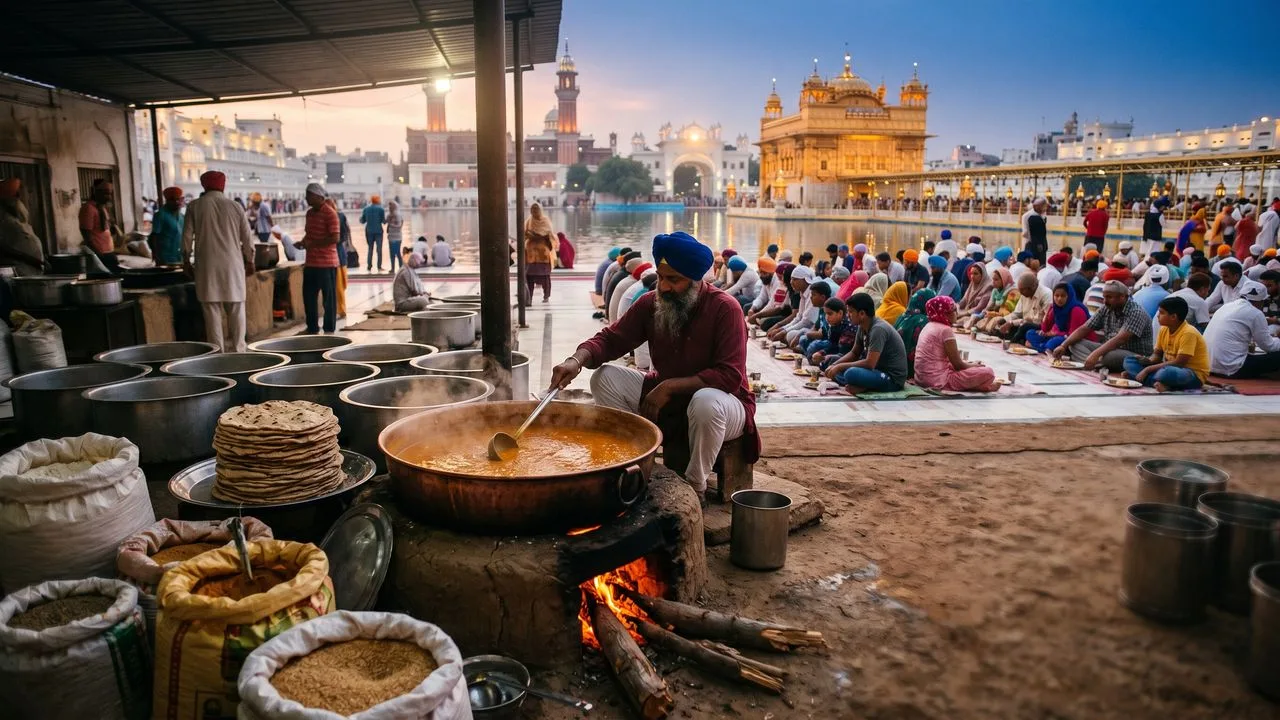 Man in orange turban eating langar at Golden Temple with golden dome visible through archway and hundreds seated on floor