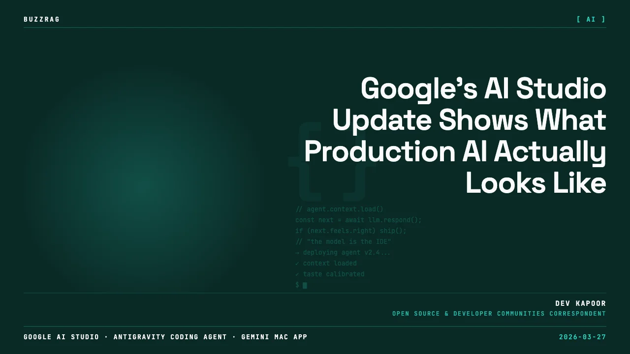A presenter on stage gestures toward a futuristic android head with glowing core and a colorful Google "G" logo, with…