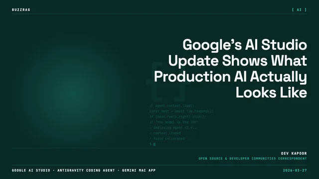 A presenter on stage gestures toward a futuristic android head with glowing core and a colorful Google "G" logo, with…