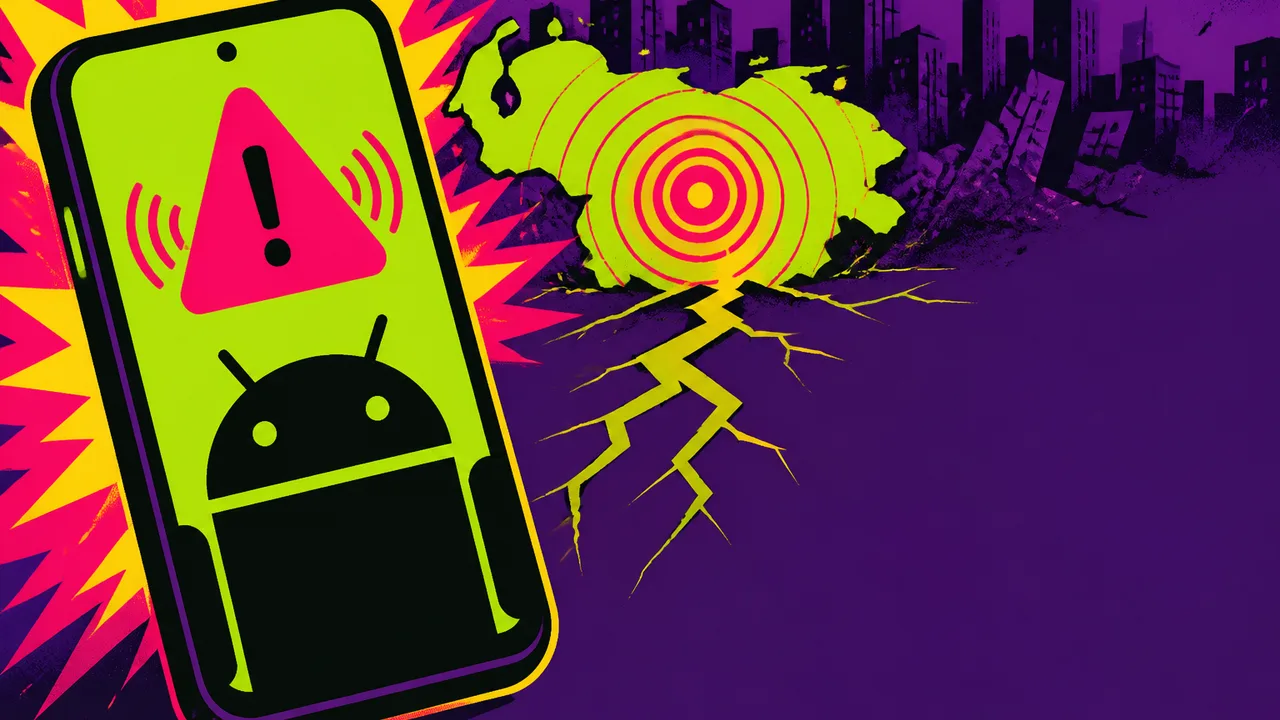 Woman holding child in destroyed urban rubble with "SAVED BY PHONES" text overlay, depicting earthquake aftermath