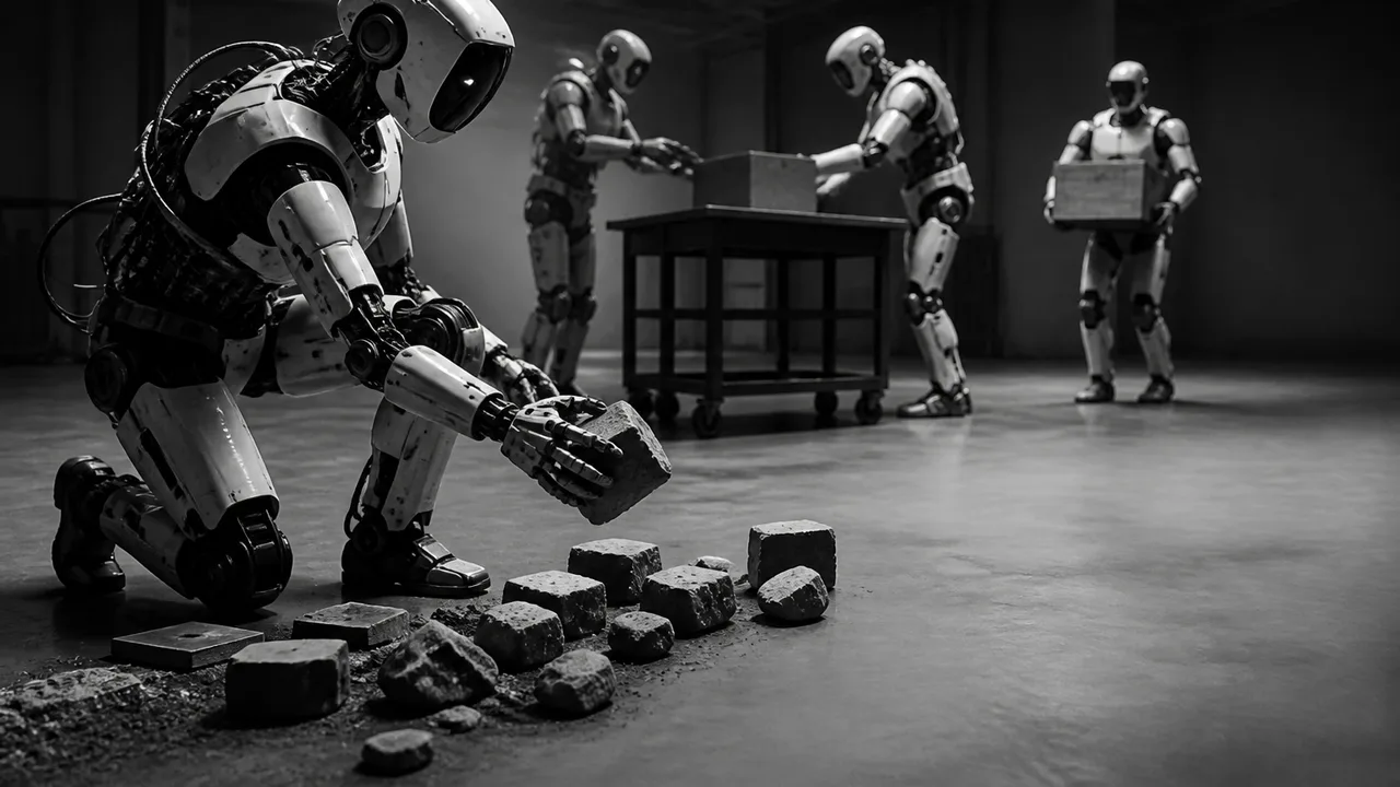 Google's humanoid robot with glowing blue eyes displayed on stage beside "Gemini Robotics 2" text during a product…