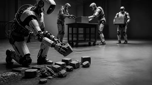 Google's humanoid robot with glowing blue eyes displayed on stage beside "Gemini Robotics 2" text during a product…