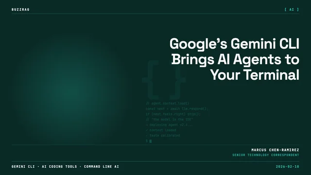 Glowing blue and pink arrow logo centered on dark code background with "Gemini CLI Install guide" text and Google branding
