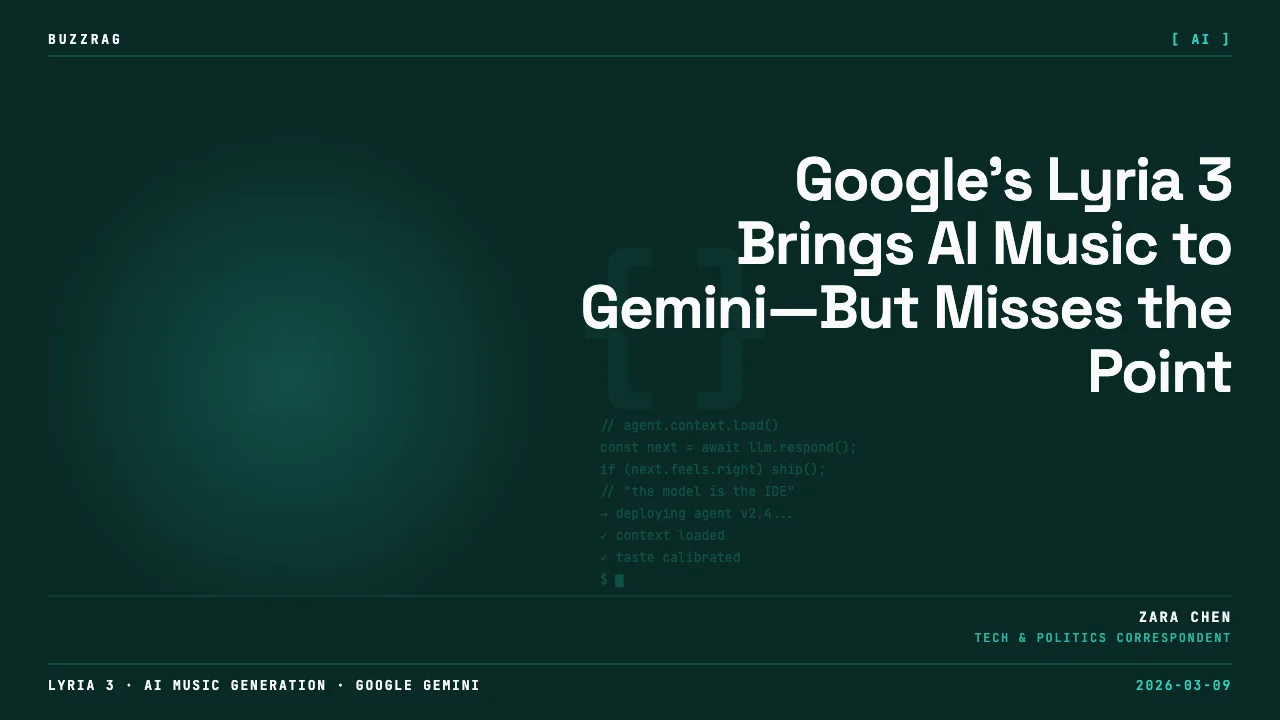 A blue and white Google robot with headphones sits at a futuristic desk with colorful text announcing Gemini's new…
