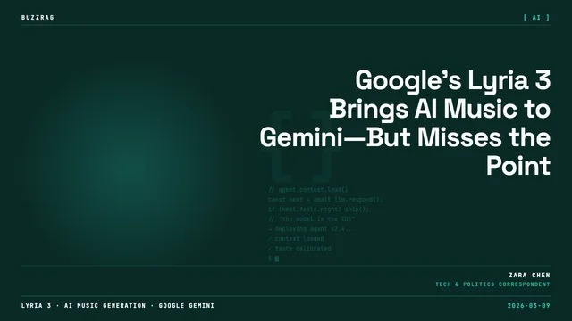 A blue and white Google robot with headphones sits at a futuristic desk with colorful text announcing Gemini's new…