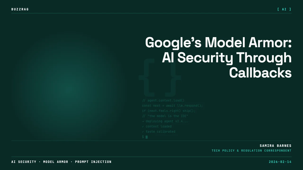 Google Cloud logo with title text about Model Armor in ADK callbacks, and a man in sunglasses and Google shirt making a…