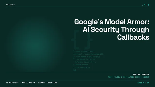 Google Cloud logo with title text about Model Armor in ADK callbacks, and a man in sunglasses and Google shirt making a…