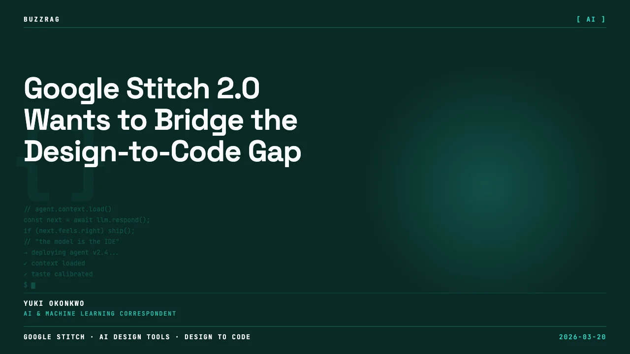 Gemini and Stitch 2.0 logos with bold text "STITCH 2.0 +CC IS INSANE!" overlaid on a design tool interface showing the…