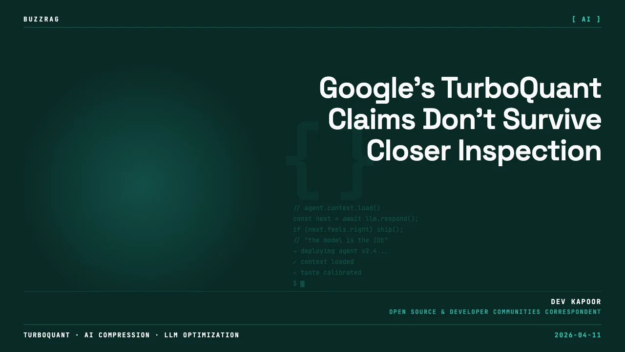 Green monster character with skeptical expression next to text "6x is bs..." and "TURBOQUANT OVERHYPED?" with Google logo…