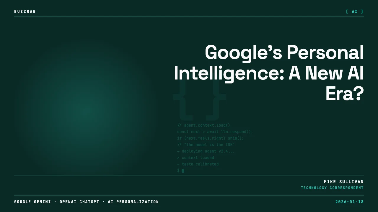 Google presentation slide announcing Personal Intelligence feature with futuristic cyborg head illustration and presenter…