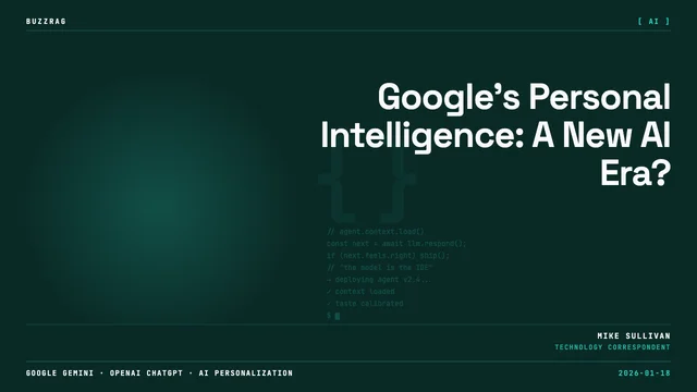 Google presentation slide announcing Personal Intelligence feature with futuristic cyborg head illustration and presenter…