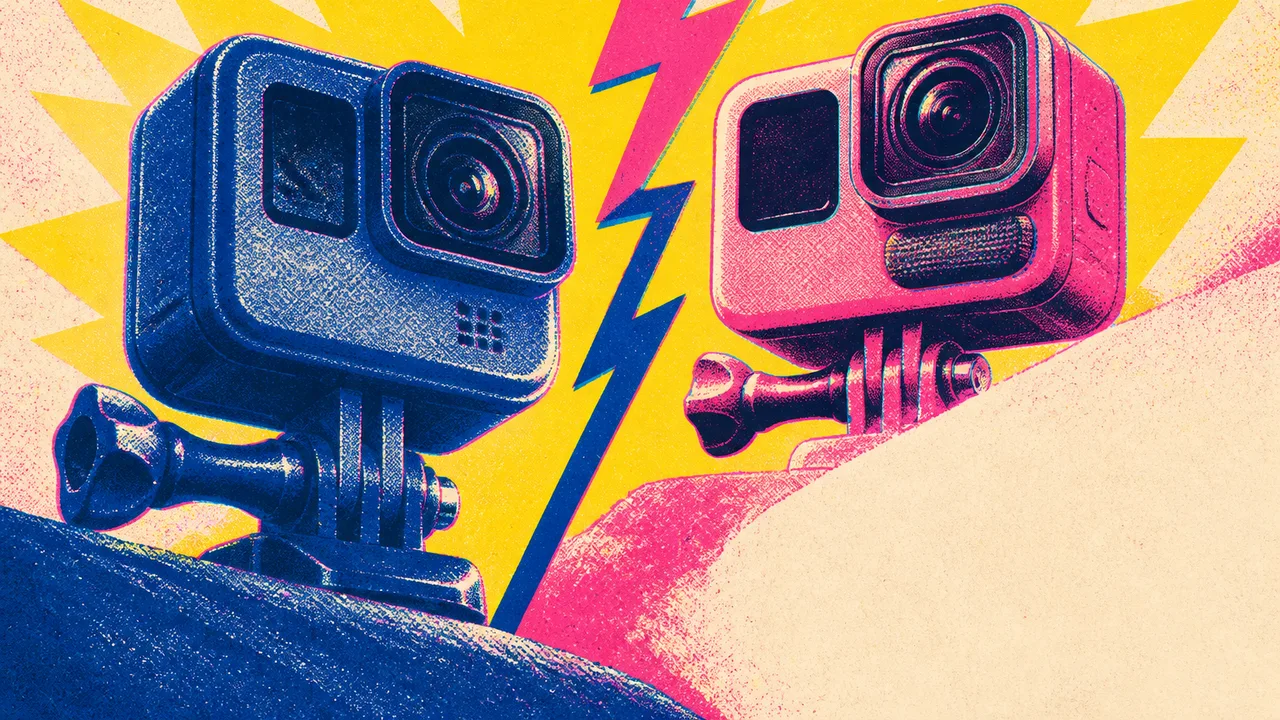 Three compact action cameras displayed on a wooden surface with one mounted above, comparing the GoPro Mission and Insta360…