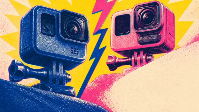 Three compact action cameras displayed on a wooden surface with one mounted above, comparing the GoPro Mission and Insta360…