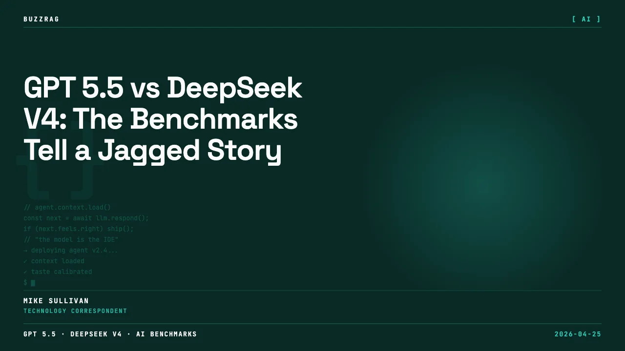 Two men in business casual attire flank bold text reading "GPT 5.5 PLUS THE DEEPSEEK DROP" against a white background