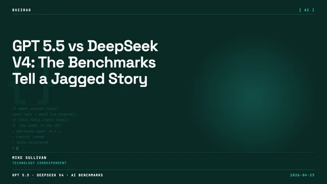 Two men in business casual attire flank bold text reading "GPT 5.5 PLUS THE DEEPSEEK DROP" against a white background