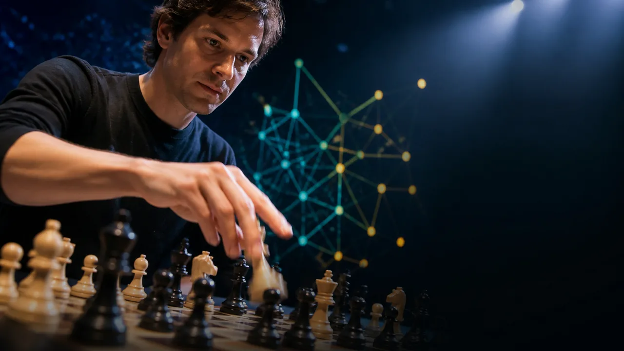 Man in blue shirt against bookshelf background with yellow and white text discussing math and superintelligence