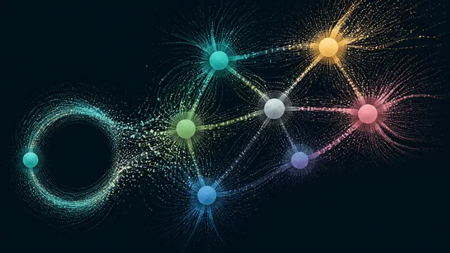 Split-screen comparison showing a single character in a loop versus multiple characters connected in a network graph…