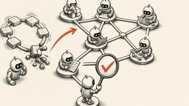 An orange pixelated character connects through a neural network diagram to a blue AI assistant, illustrating data flow…