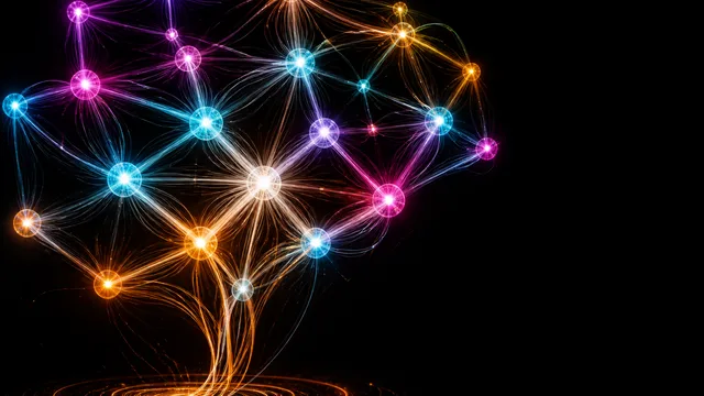A smiling presenter stands against a black background with colorful mathematical equations and molecular graph structures,…