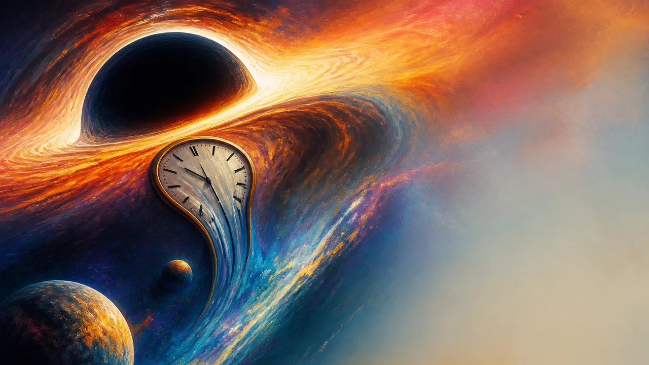 A glowing orange and yellow black hole warps a cyan grid representing spacetime, illustrating gravity's mysterious effects…
