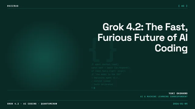 xAI Grok logo and "Introducing Grok 4.2" text on red gradient background with a man in business attire on the right side