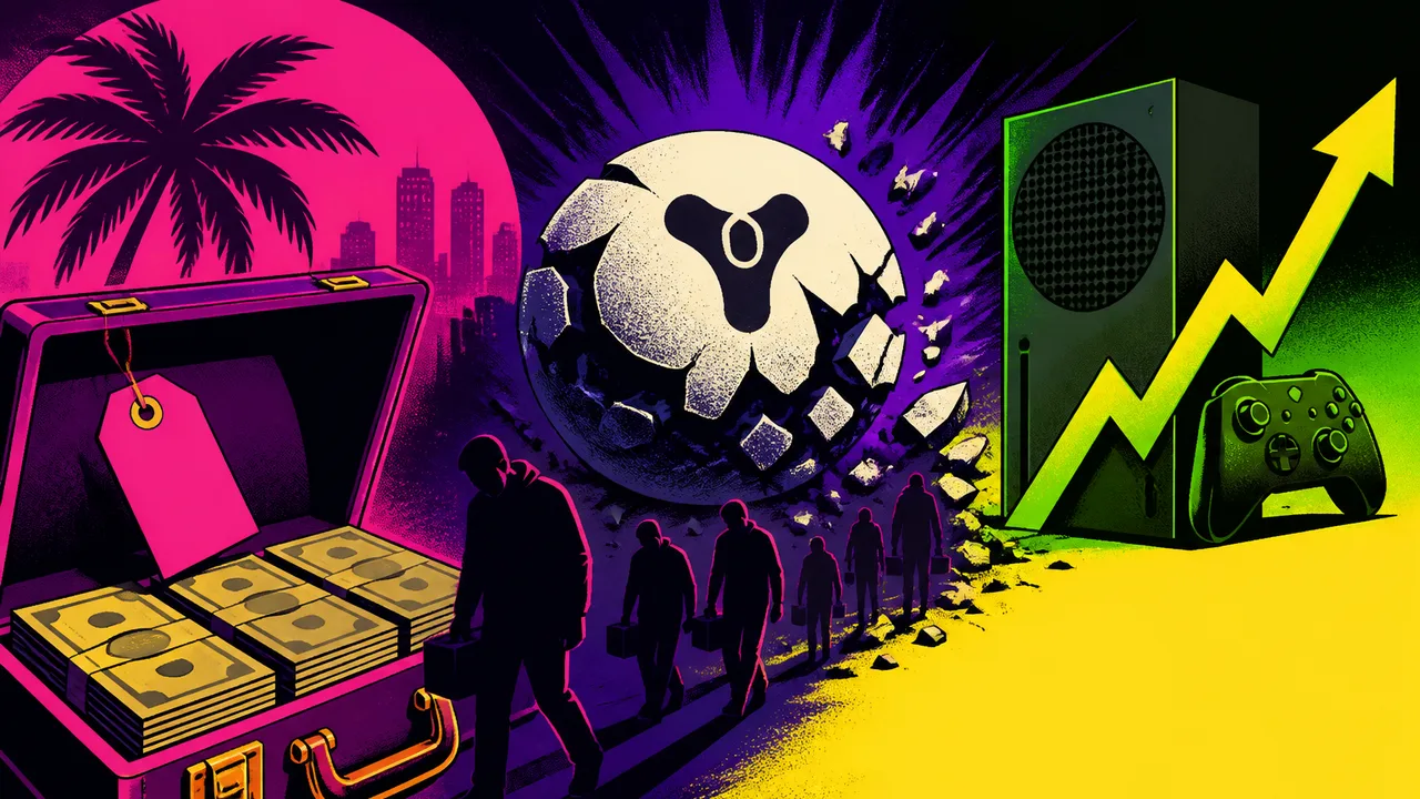 Gaming news thumbnail featuring Xbox consoles, game characters, and a green upward arrow against orange and blue background…