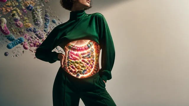 Cartoon characters with a stethoscope examining a large intestine, with yellow "Gut health, explained" text and Vox logo on…