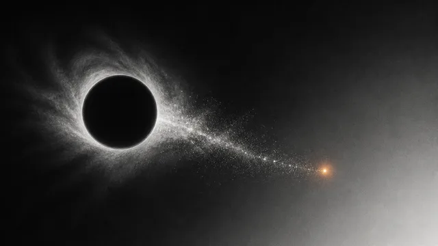 Glowing black hole with accretion disk against starfield, Stephen Hawking portrait, NASA Space News logo, and yellow arrows…