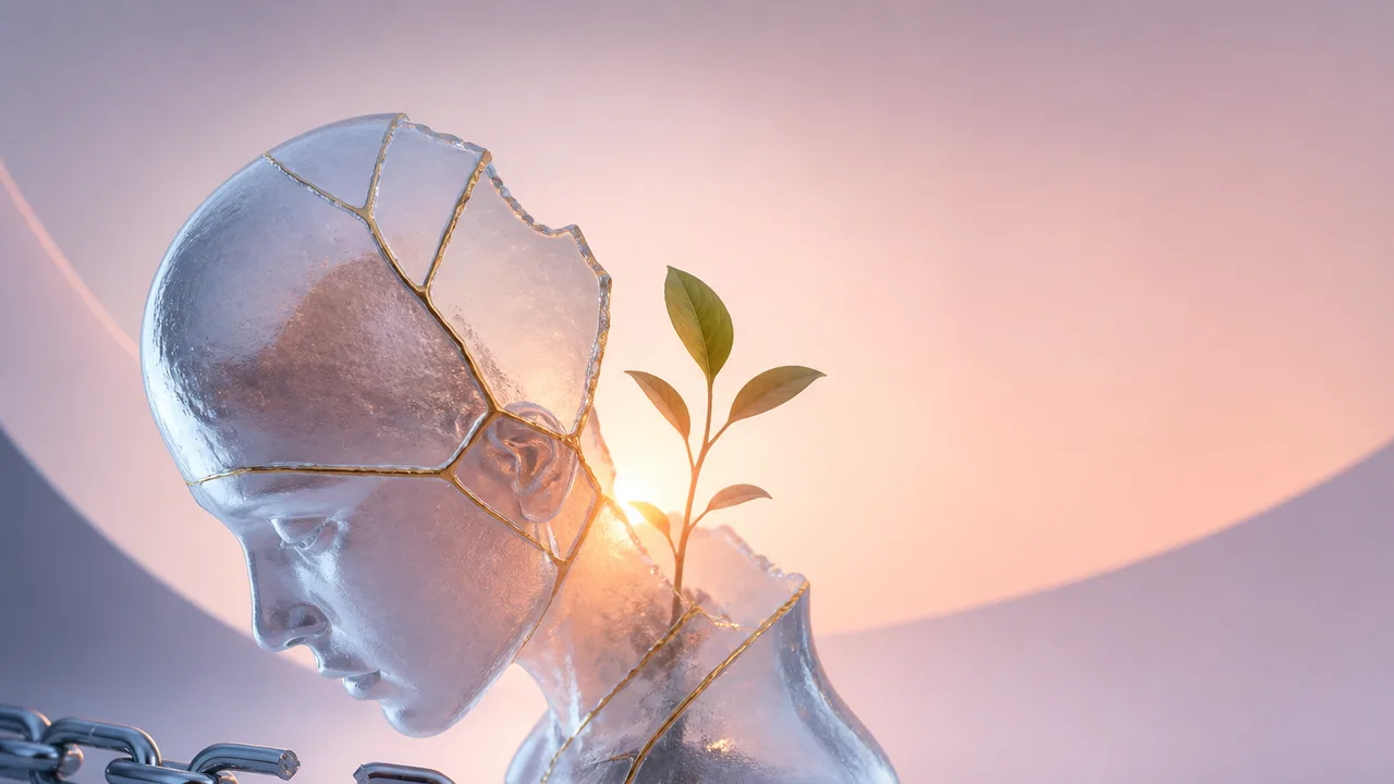 A gray silhouetted figure confronts a potted plant character saying "LIES" with an emotionless expression, illustrating…