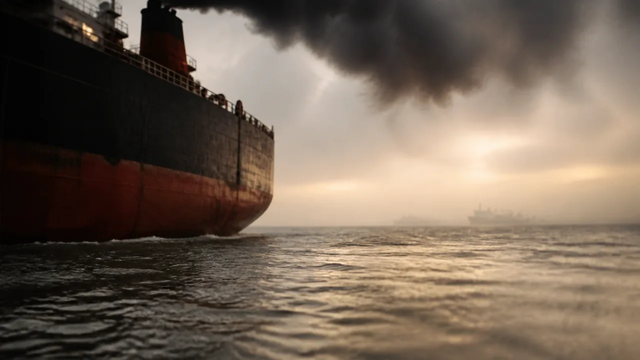 Worker applying dark liquid sealant to a ship's surface with tools and equipment visible in an industrial maritime setting