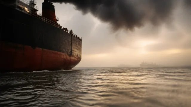 Worker applying dark liquid sealant to a ship's surface with tools and equipment visible in an industrial maritime setting