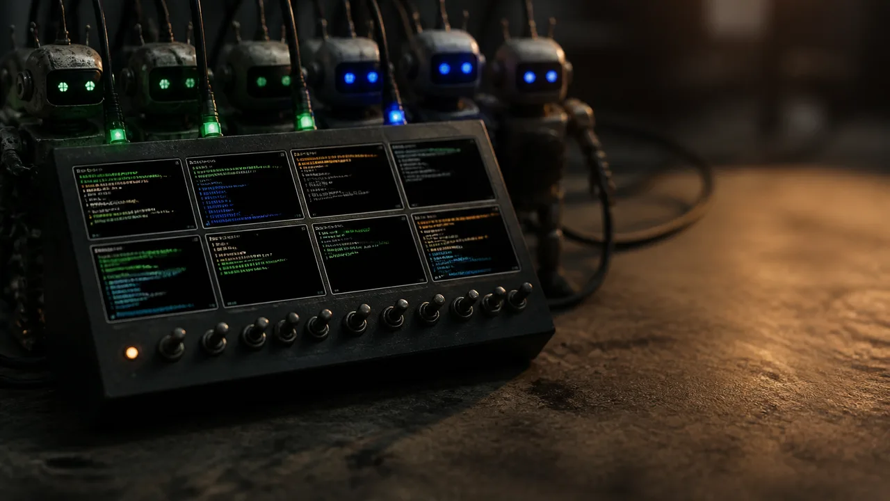 A developer's screen displays Claude Code IDE with an AI search tool interface, overlaid with bold text reading "HERDR THIS…