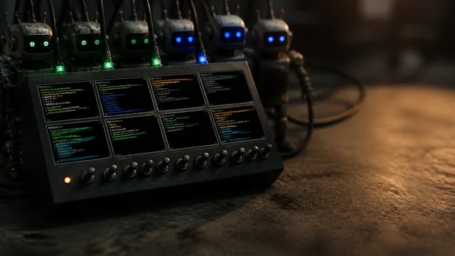 A developer's screen displays Claude Code IDE with an AI search tool interface, overlaid with bold text reading "HERDR THIS…