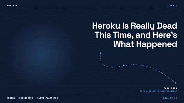 A man with a shocked expression appears beside a Heroku social media post reading "We're Done" dated Feb 6, 2025