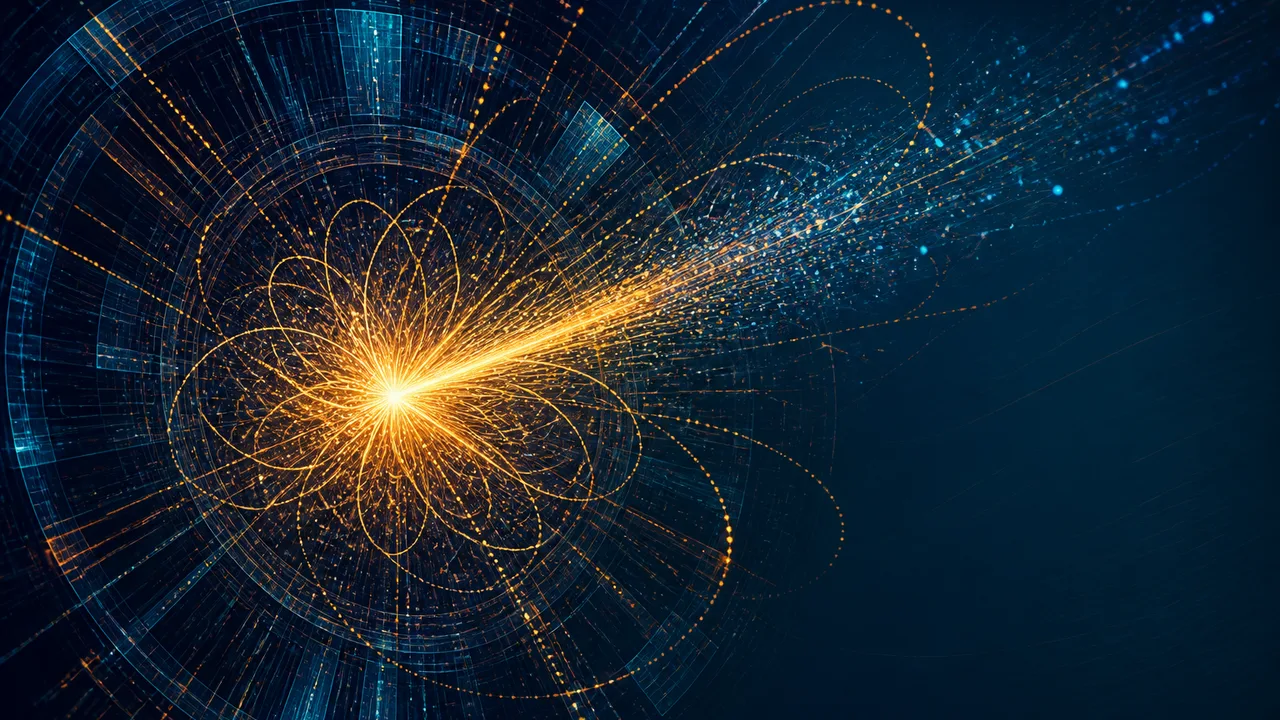 Bright glowing orb at center surrounded by swirling atomic orbits, connecting lines, and particle nodes against black…