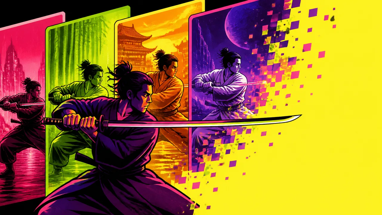 Bold HIGGSFIELD GENJUTSU text beside two robed warriors dueling with glowing swords amid rain and sunset ruins