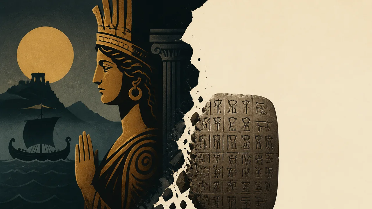 A Greek warrior in bronze helmet with red plume faces a classical marble bust sculpture, both labeled "BOTH WRONG