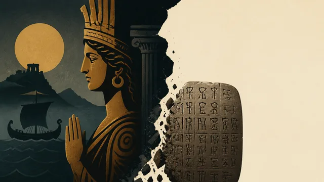 A Greek warrior in bronze helmet with red plume faces a classical marble bust sculpture, both labeled "BOTH WRONG