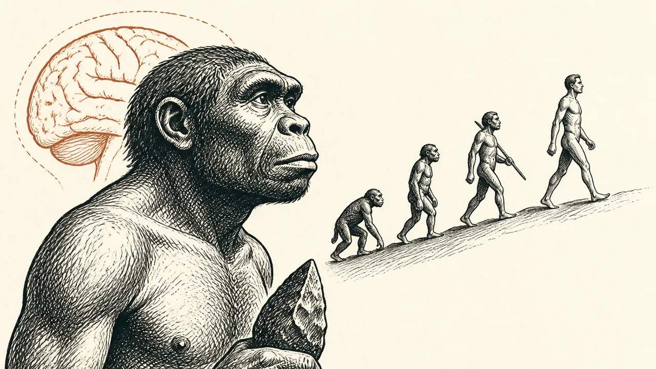 Neanderthal face in foreground with prehistoric settlement and campfires in misty background, text reading "RULED FOR 2…