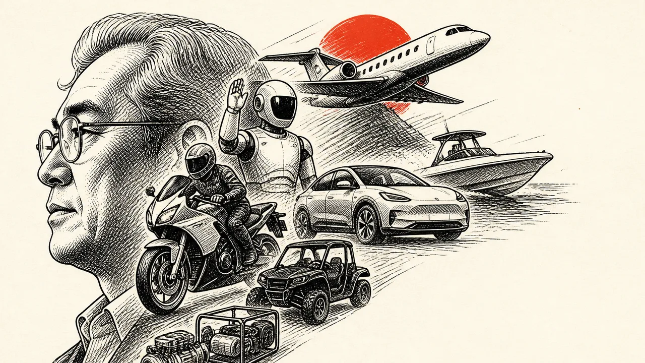 Honda logo centered on red background with motorcycle, car, and robot, displaying brand diversity across vehicles and…